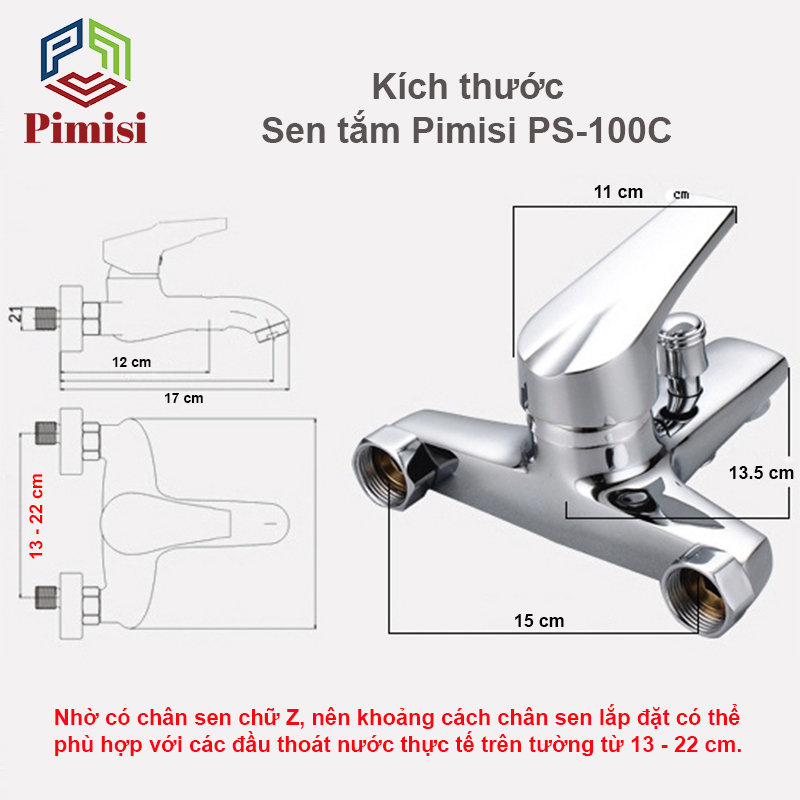 Vòi hoa sen tắm nóng lạnh Pimisi PS-100C đồng mạ Crom đầy đủ phụ kiện | Hàng chính hãng