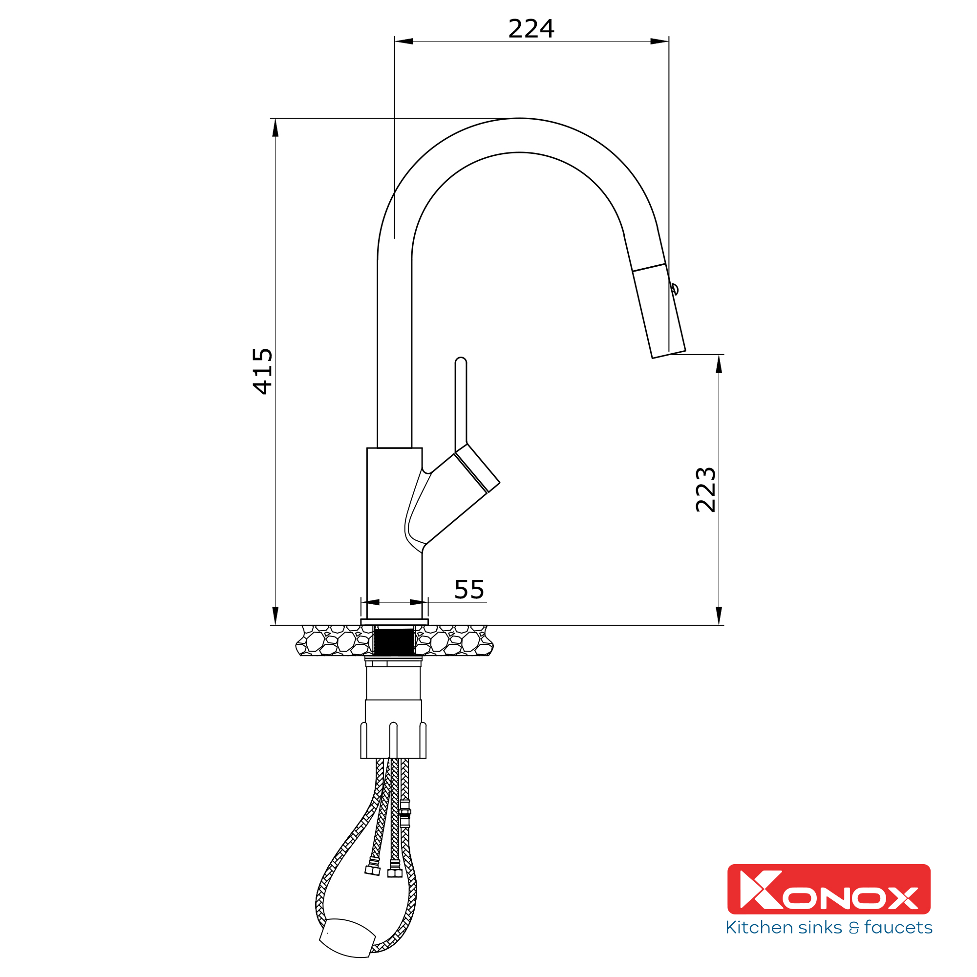Vòi rửa bát kéo dây Konox, Model Ponte Grey, 4 phiên bản màu, Bề mặt mạ PVD 5 lớp cao cấp, Lõi đồng tiêu chuẩn CW617N, Linh kiện phụ trợ dòng chảy nhập khẩu châu Âu, Bảo hành chính hãng 5 năm, Hàng chính hãng