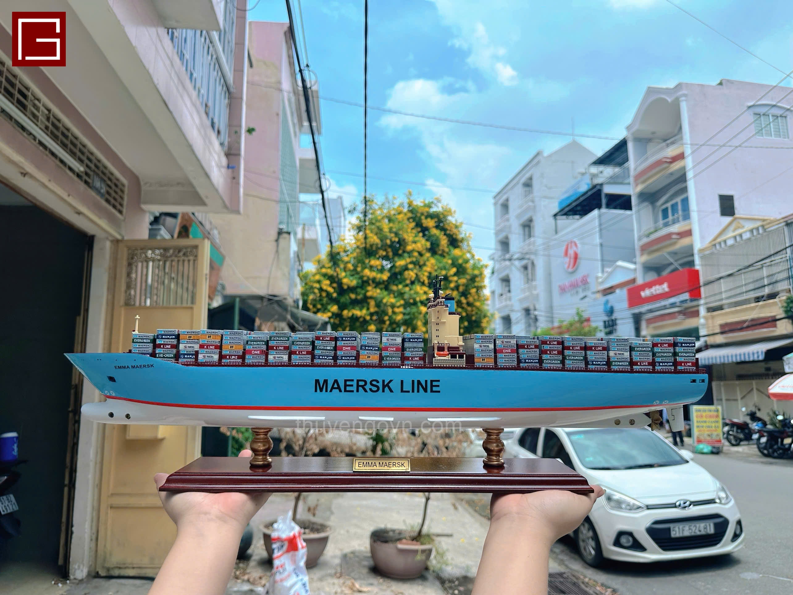 Mô Hình Thuyền Gỗ Trang Trí, tàu container, Thuyền Thương Mại EMMA MAERSK, thuyền chở hàng, hàng chính hãng