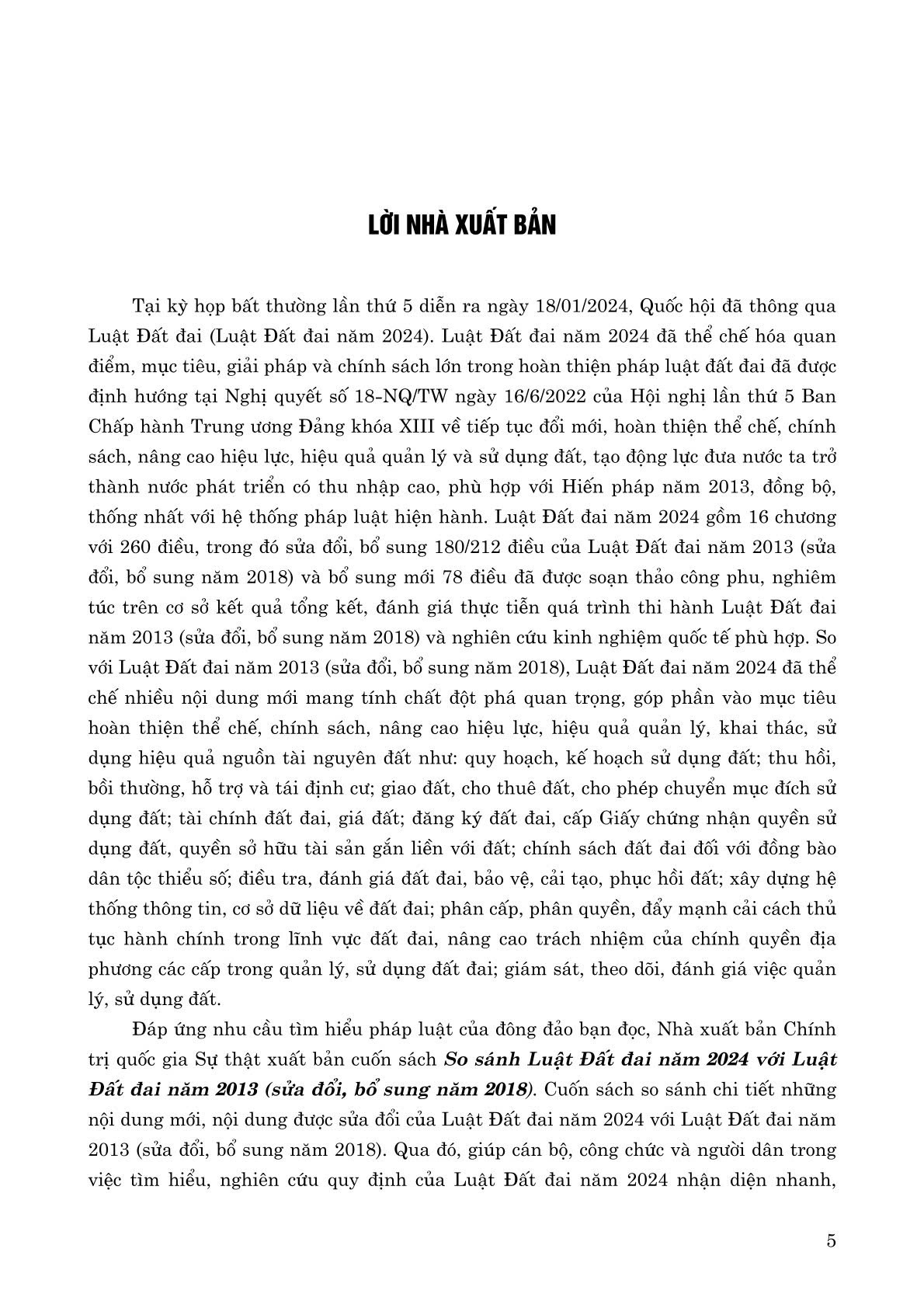 So sánh Luật Đất đai năm 2024 với Luật Đất đai năm 2013 (sửa đổi, bổ sung năm 2018) (bản in 2024)