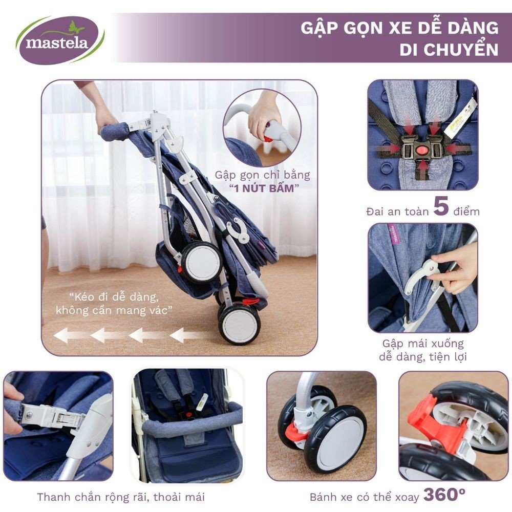 Xe đẩy du lịch Mastela A2 - Khung Aluminum cao cấp siêu nhẹ, dễ dàng gấp gọn