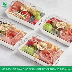 MFHP4T - 20.5x15x6 cm - 25 hộp giấy thực phẩm màu trắng nắp Pet, hộp giấy chữ nhật đựng thức ăn, hộp bánh nắp trong