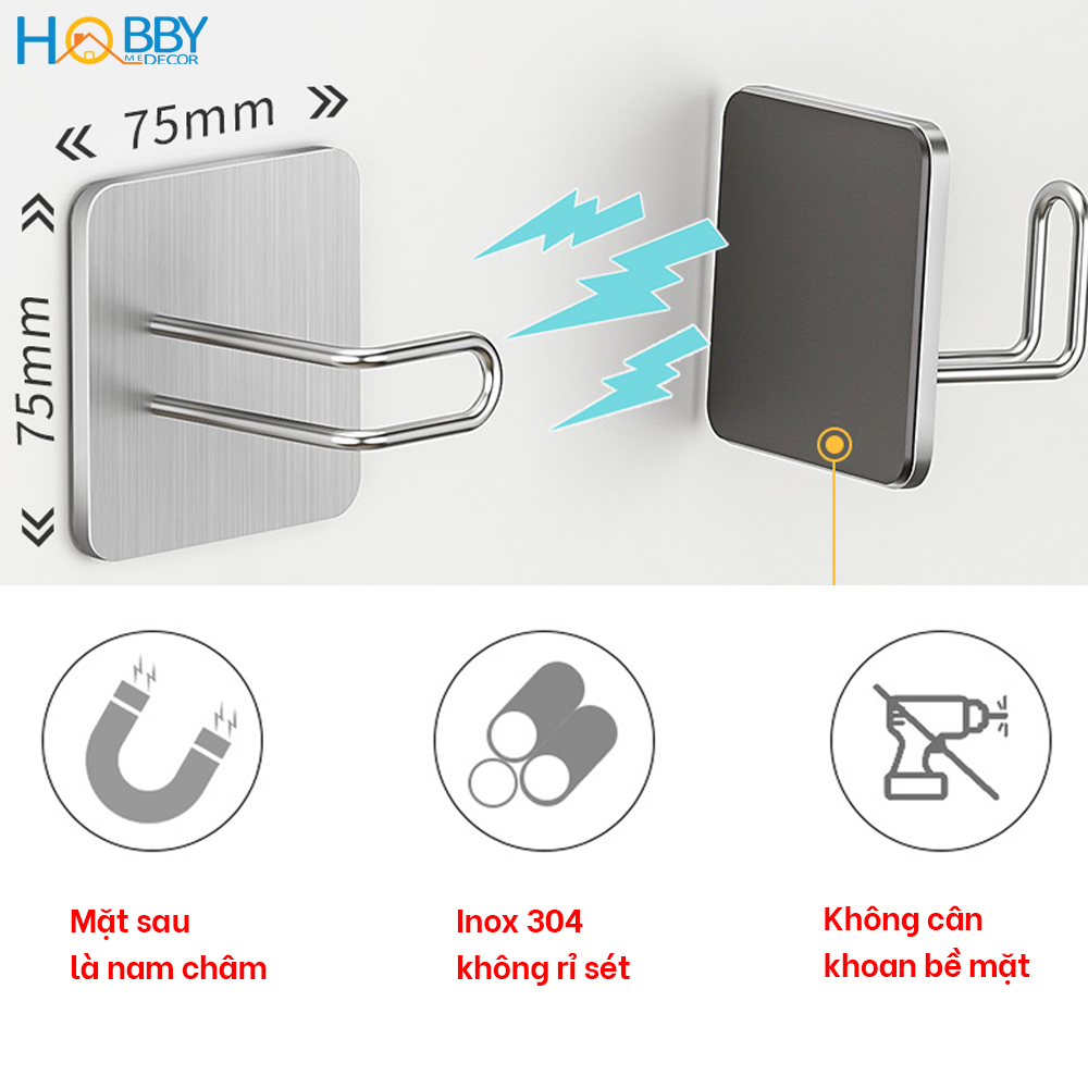 Combo 2 móc treo đồ bếp có nam châm hít inox 304 Hobby Home Decor MTDN