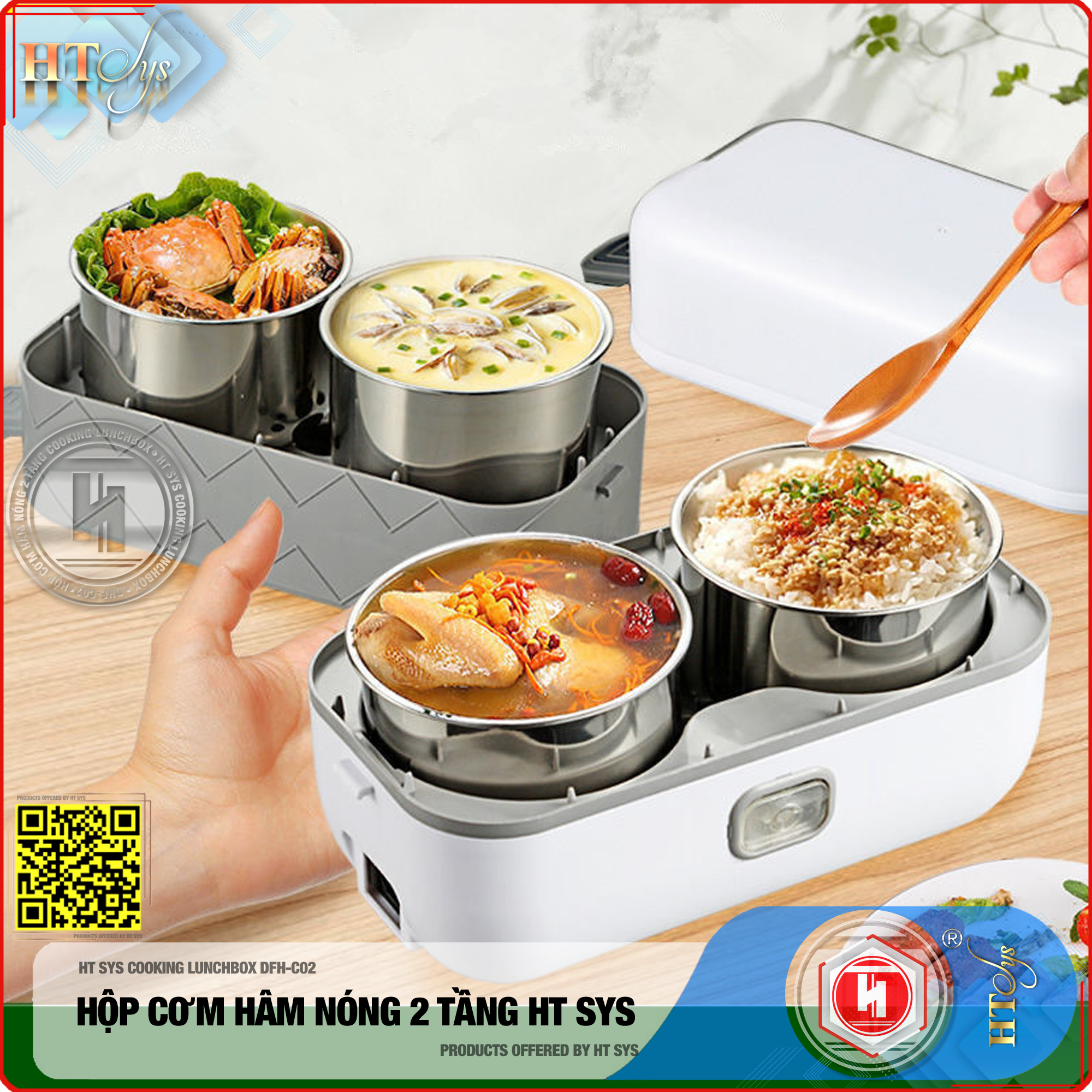 Hộp Cơm Hâm Nóng Cắm Điện HT SYS - COOKING LUNCHBOX DFH C02 - Hộp Cơm Cắm Điện Có Thể Nấu Chín Và Hâm Nóng Thức Ăn - 2 lít,4 Ngăn - Ruột Bằng Inox SUS304 Cao Cấp - Hàng Nhập Khẩu