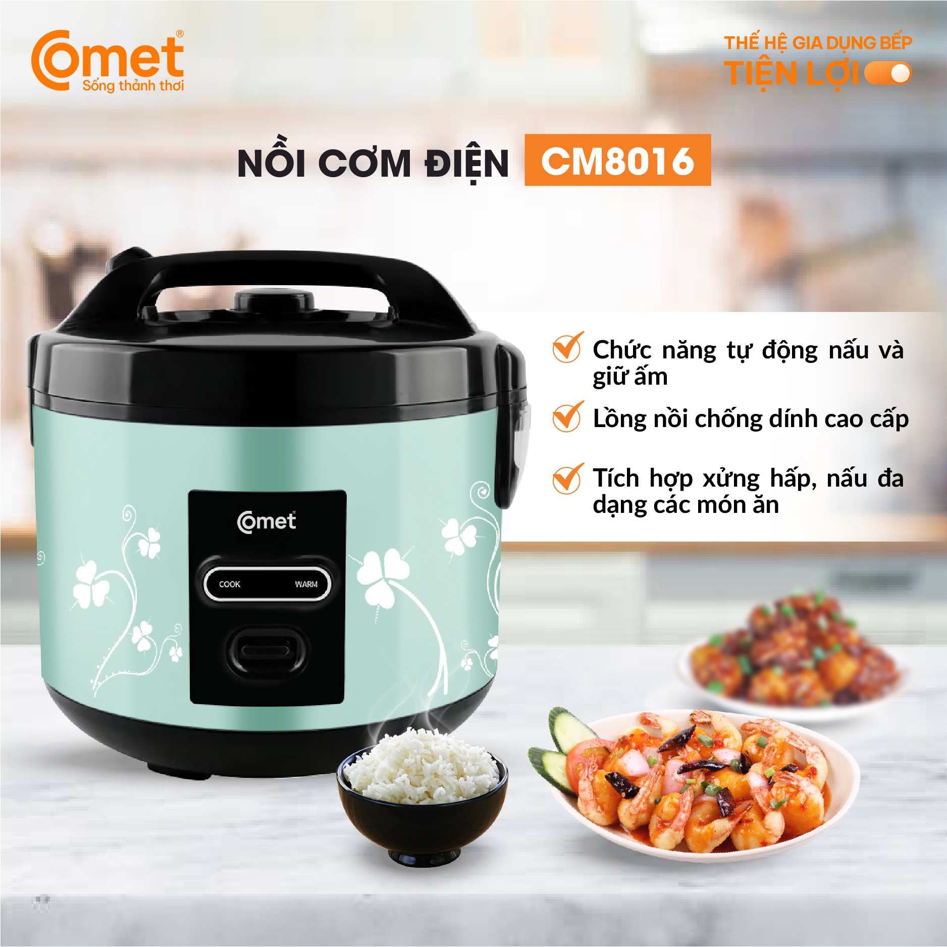 Nồi cơm điện Comet CM8016 dung tích 1.8L – Công suất 700W, chống dính cao cấp, giữ ấm 5 giờ – Bảo hành hàng chính hãng 12 tháng