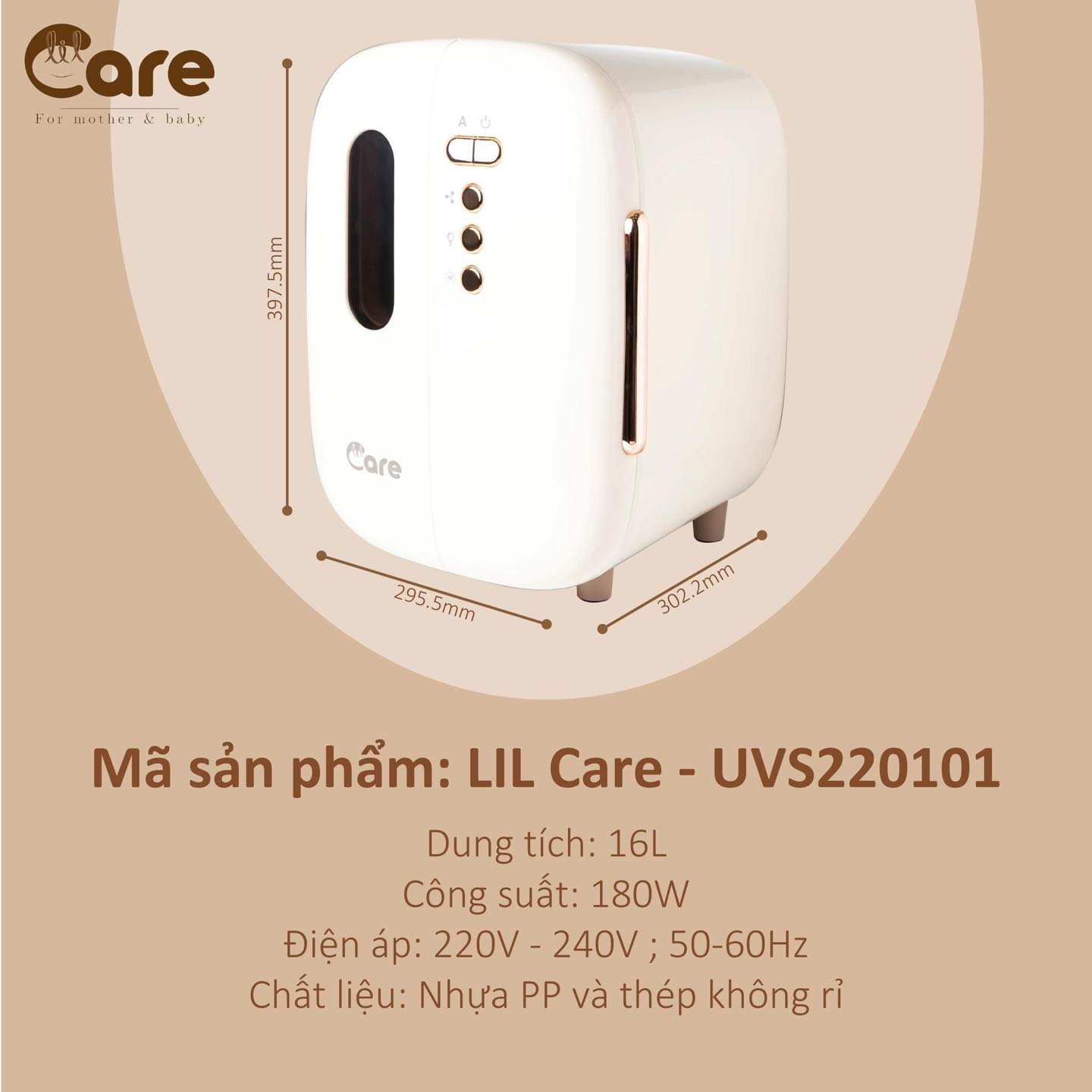 Máy tiệt trùng UV Lilcare công suất 180W, điện áp 220-240V, 50-60Hz, chất liệu nhựa PP và thép không rỉ, dung tích 16L - Hàng chính hãng