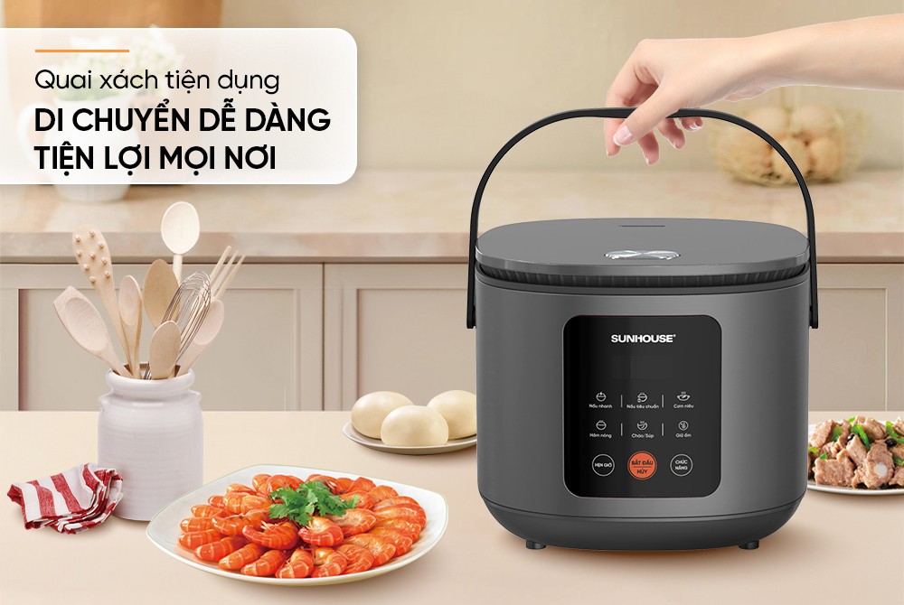 Nồi cơm điện tử 1.5L Sunhouse SHD8825 - 700W, 6 chức năng, Hẹn giờ nấu 24h, Chống dính Daikin 2 lớp, Lòng nồi 1.2mm - Hàng chính hãng