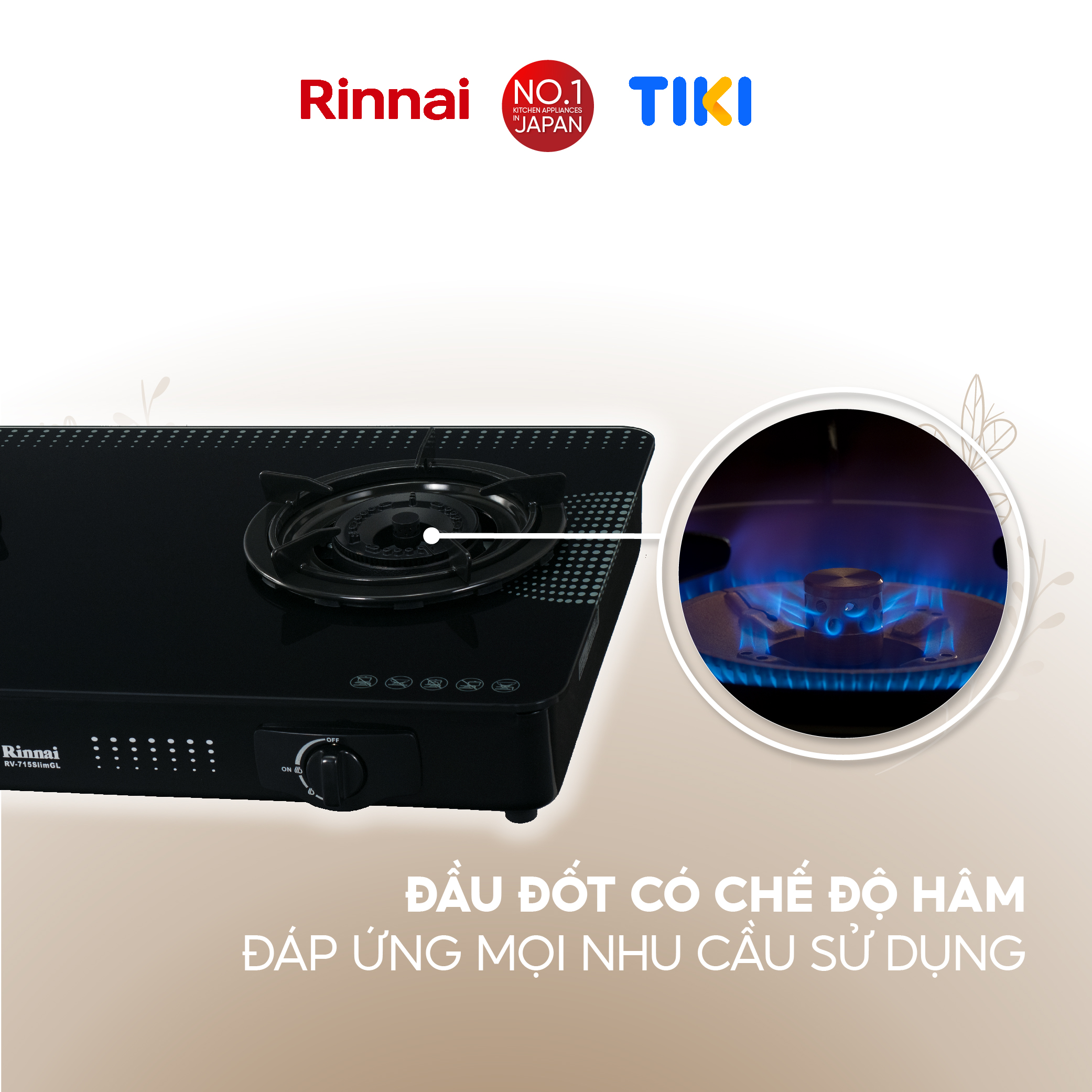Bếp gas dương Rinnai RV-715Slim(GL-D) mặt bếp kính và kiềng bếp men - Hàng chính hãng.