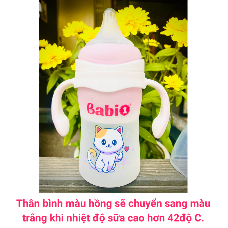 Bình Sữa Thuỷ Tinh Babi1 Cổ Rộng Tráng Bọc Silicon Chống Vỡ Và Cảm Biến Nhiệt Độ - Dung tích 240ml Cho trẻ từ 12 tháng tuổi
