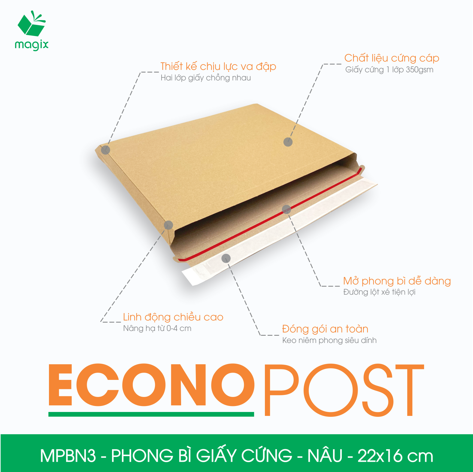 MPBN3 - 22x16 cm - Combo 60 phong bì giấy cứng đóng hàng màu nâu thay thế túi gói hàng