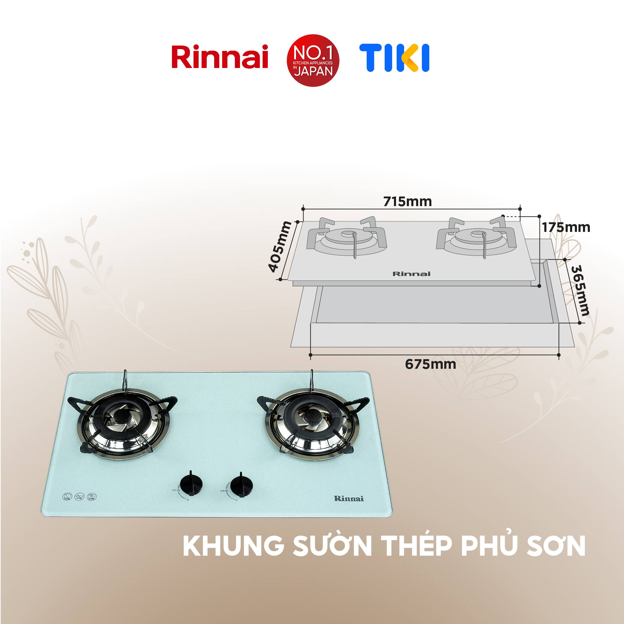 Bếp gas âm Rinnai RVB-2WGN mặt bếp kính và kiềng bếp men - Hàng chính hãng.