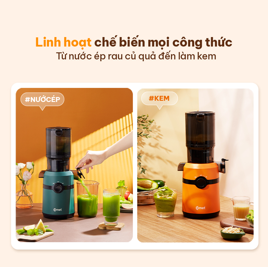 Máy ép chậm Comet CM9616 – Công suất 200W, dung tích 600ml, ép kiệt bã 98%, miệng ép lớn 108mm – Hàng chính hãng bảo hành 12 tháng