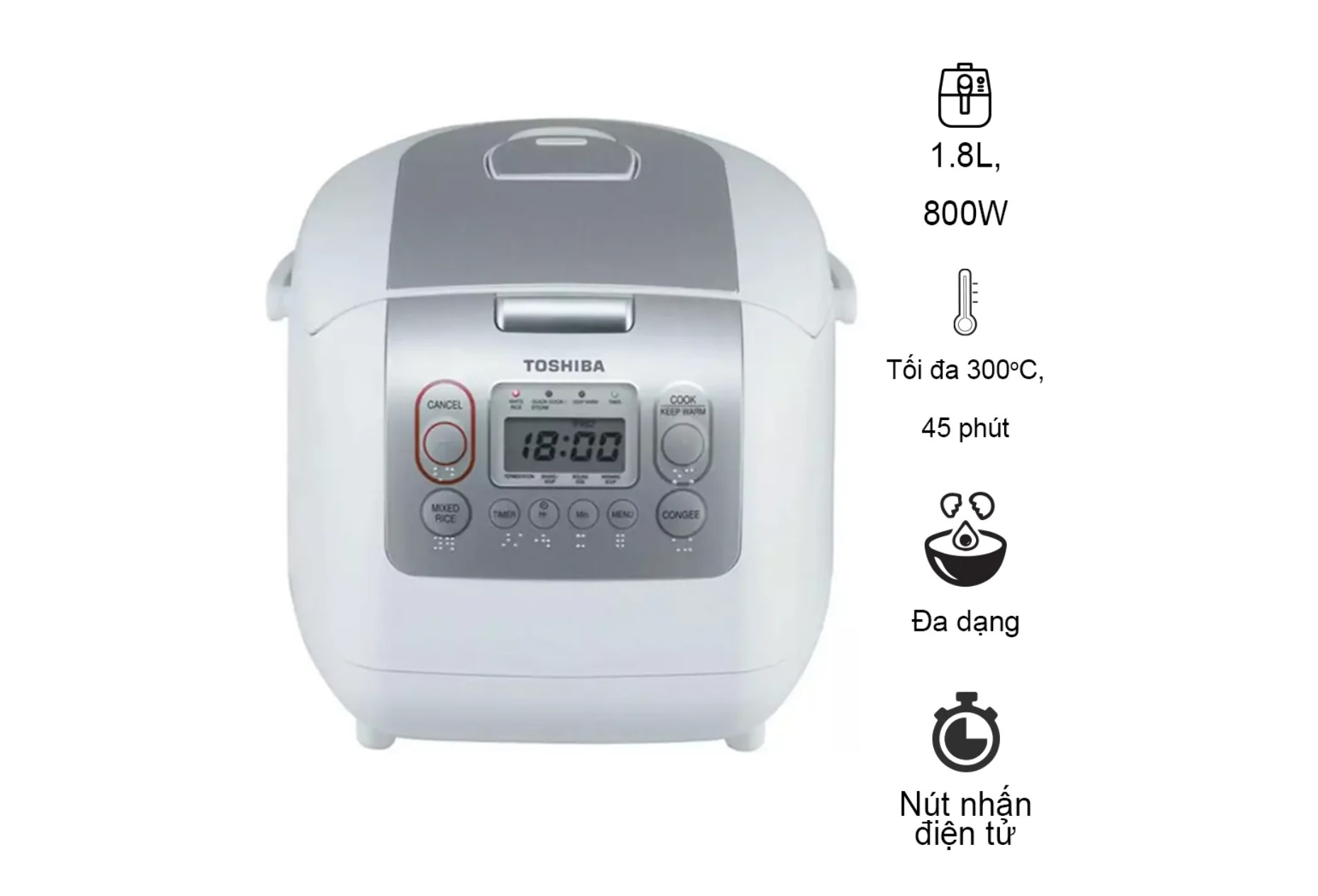 Nồi cơm điện tử Toshiba 1.8L RC-18NTFV(W) - Xuất xứ Thái lan - Lòng nồi hợp kim dày 4mm - Phù hợp cho gia đình 4-6 người - Hàng chính hãng - Bảo hành 12 tháng, chất lượng Nhật Bản