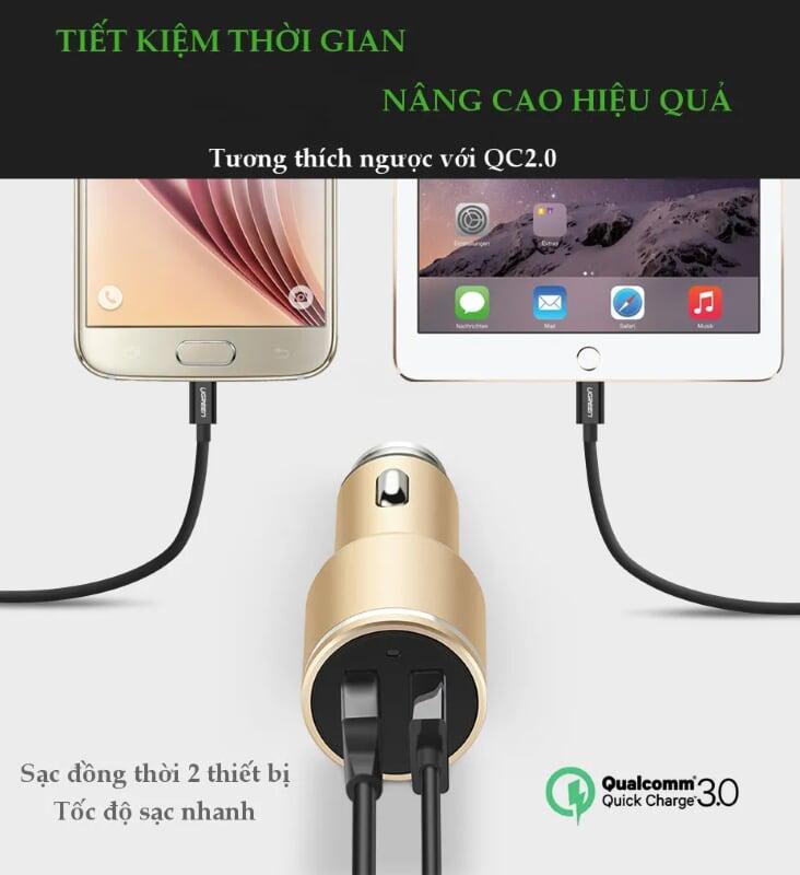 Ugreen UG30514CD130TK 48W màu Vàng Bộ sạc ô tô 2 cổng USB 2.4A + QC 3.0 - HÀNG CHÍNH HÃNG