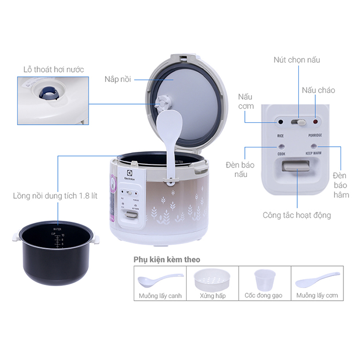 Nồi Cơm Điện Electrolux ERC3405 - 1.8L (Trắng Vàng Đồng) - Hàng chính hãng