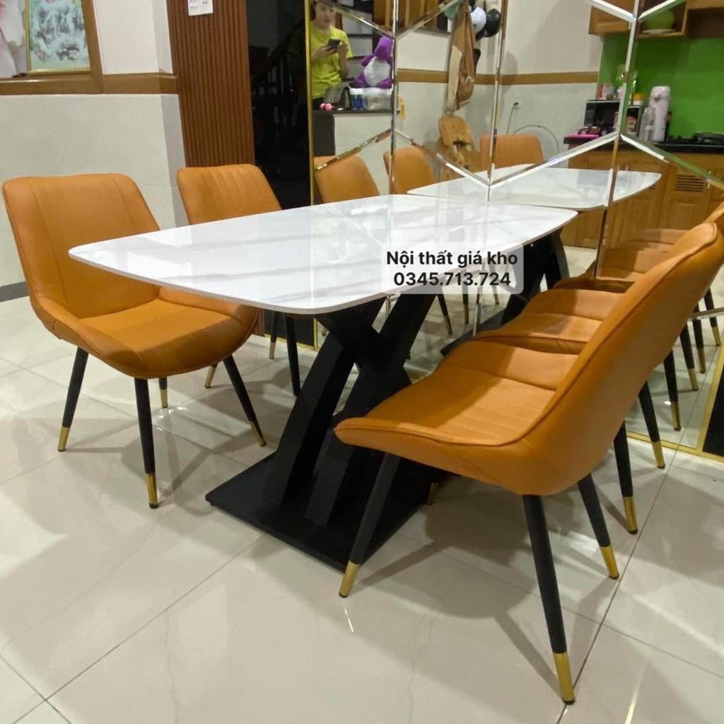 Bàn ăn mặt đá phiến - ceramic chân chéo chữ x cong kết hợp ghế loft, bàn ăn mặt đá 4 ghế 6 ghế 8 ghế