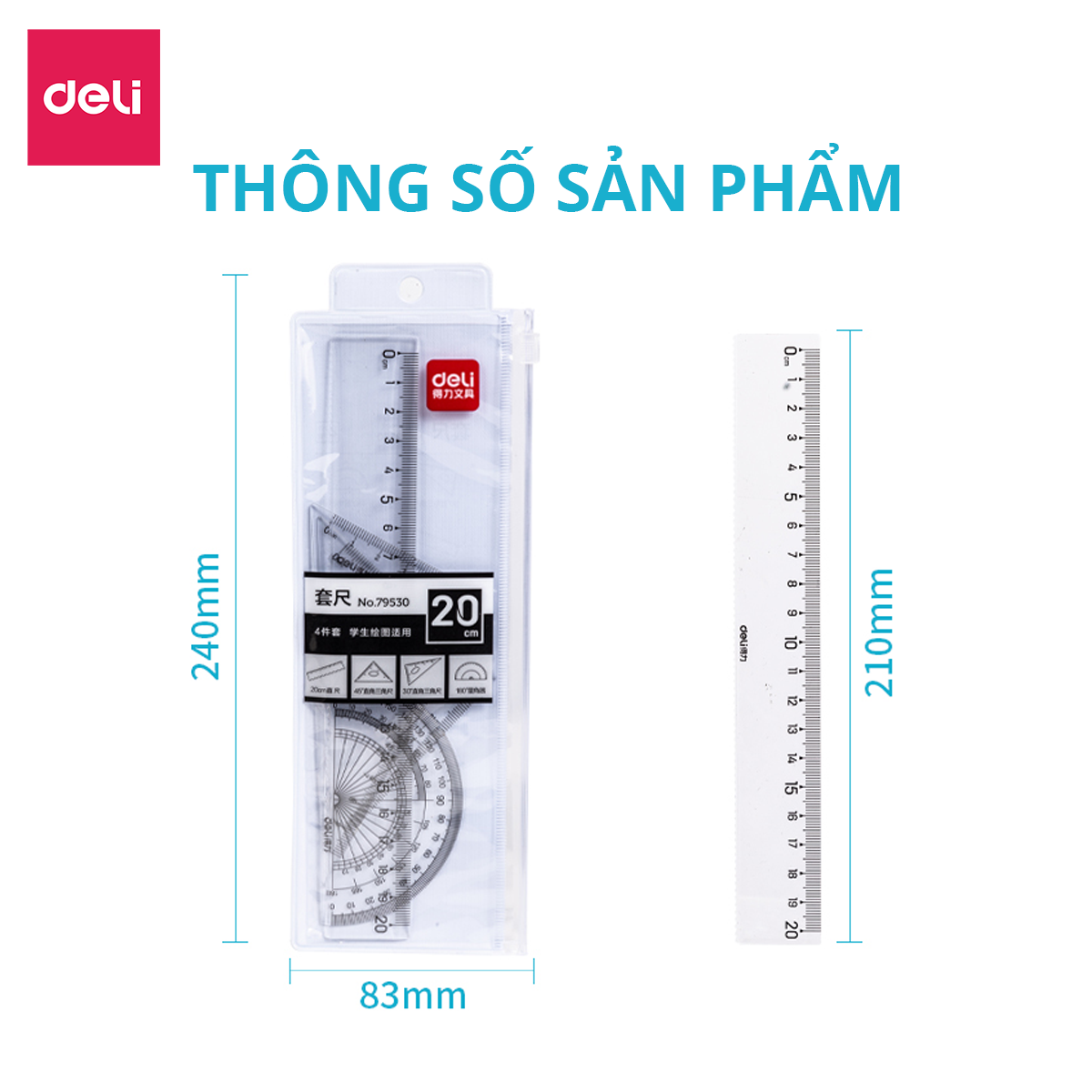 Bộ Thước Kẻ Thước Đo Độ Eke Học Sinh Deli - Bộ Dụng Cụ Học Tập 4 Chiếc - 79529 79530