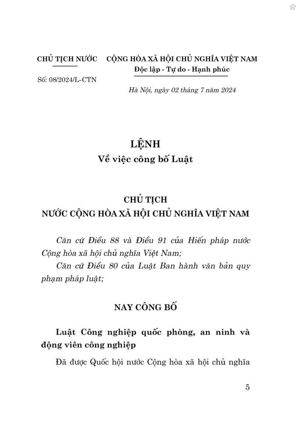 Luật công nghiệp quốc phòng , an ninh và động viên công nghiệp 2024 - bàn in 2024