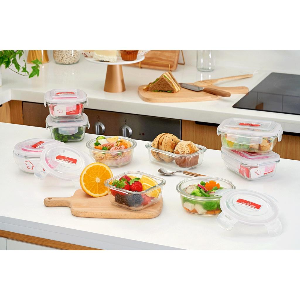Bộ 4 hộp thủy tinh 2 hộp chữ nhật 370ml + 2 hộp tròn 400ml đựng thực phẩm COBA