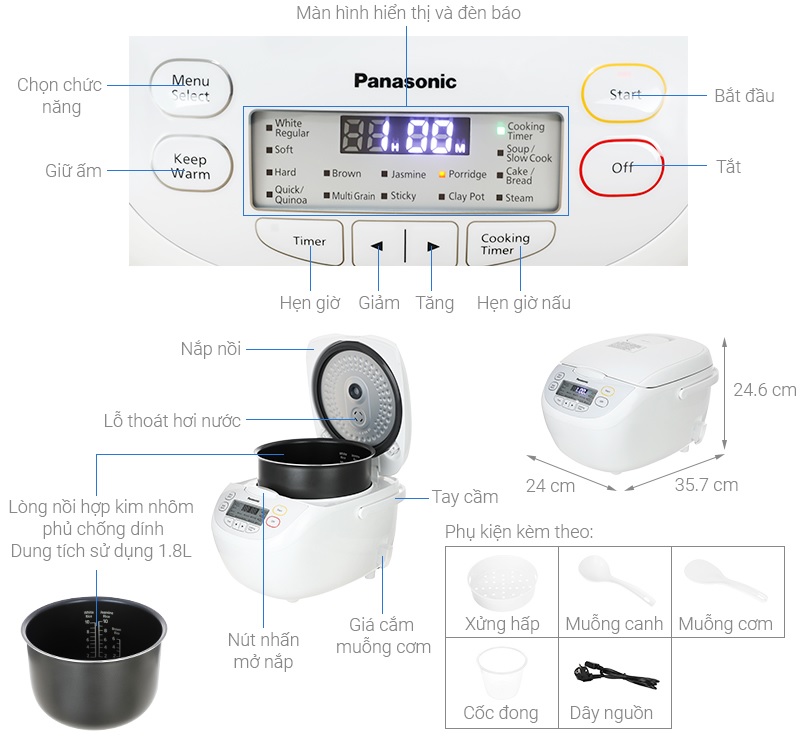 Nồi cơm điện tử Panasonic 1.8 lít SR-CL188WRAM - Hàng Chính Hãng