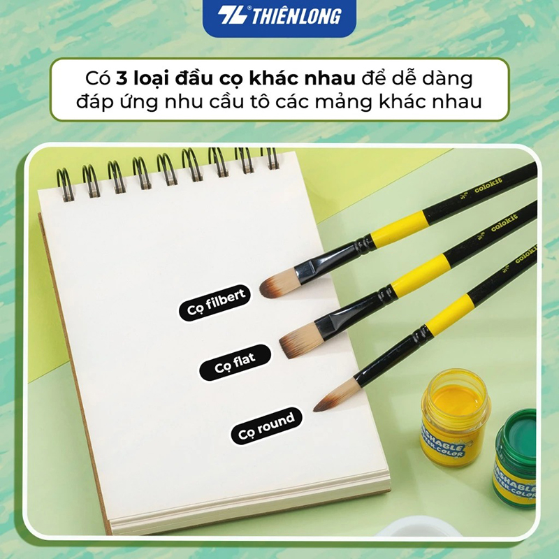 Bộ 5 Cọ vẽ màu nước Thiên Long đầu Round/ Flat/ Filbert - Cọ lông mềm cho cảm giác tô, vẽ êm mượt