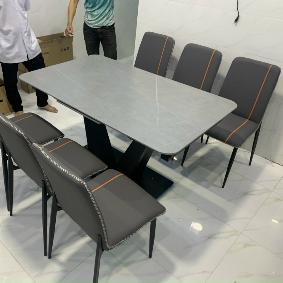 Bộ bàn ăn thông minh kéo dài mặt đá phiến Ceramic nhám chân chữ V kết hợp ghế VERTICAL
