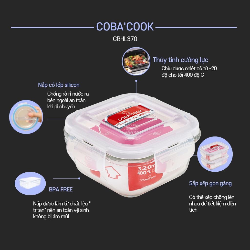Bộ 4 hộp thủy tinh 2 hộp chữ nhật 370ml + 2 hộp tròn 400ml đựng thực phẩm COBA