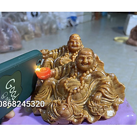 Tượng phật di lặc mini nâng thỏi vàng ngồi lá sen  bằng gỗ huyết long mọng dầu cực đẹp kt 15×9×9cm