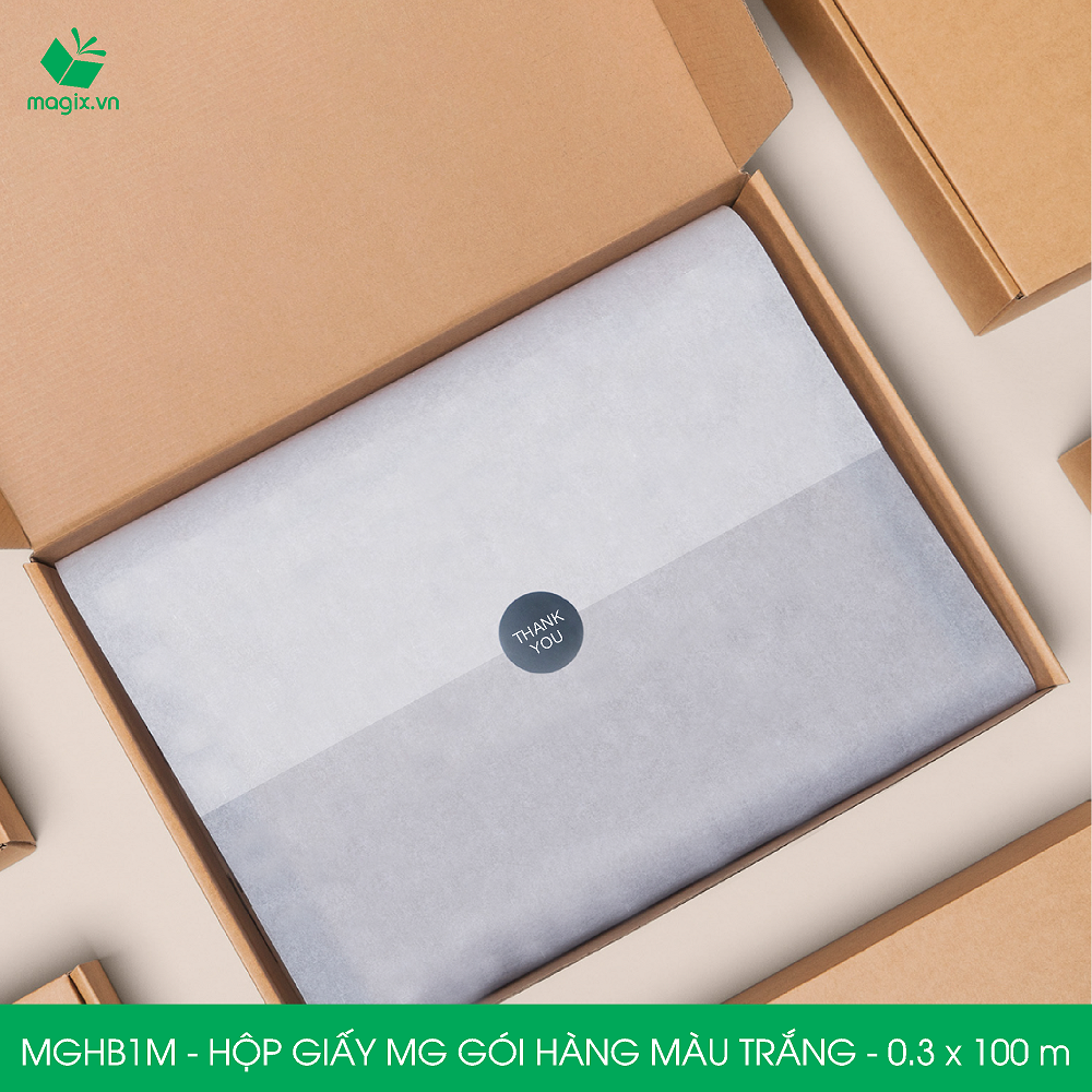 MGHB1M - 0.3x100 m - Hộp cuộn giấy MG, cuộn giấy Pelure trắng gói hàng, cuộn giấy chống ẩm 1 mặt bóng, giấy bọc hàng thời trang