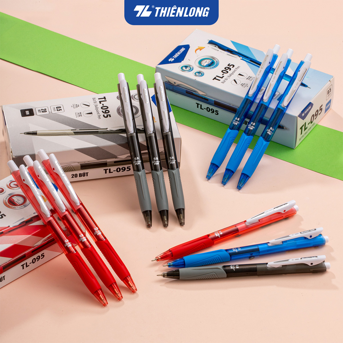 Combo 5-10-20 Bút Bi Thiên Long TL-095 - Tự động thu ngòi khi cài vào túi áo
