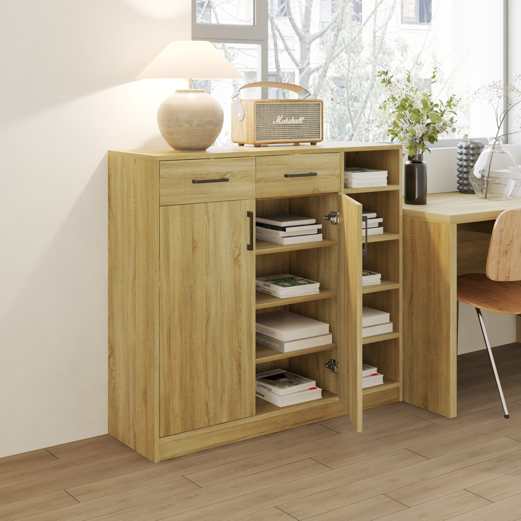 HAPPY FURNITURE , HEINEE - Tủ lưu trữ 2 cửa mở 2 ngăn kéo, TCM_215 , 110cm x 34cm x 100cm DxRxC, sản phẩm phổ thông