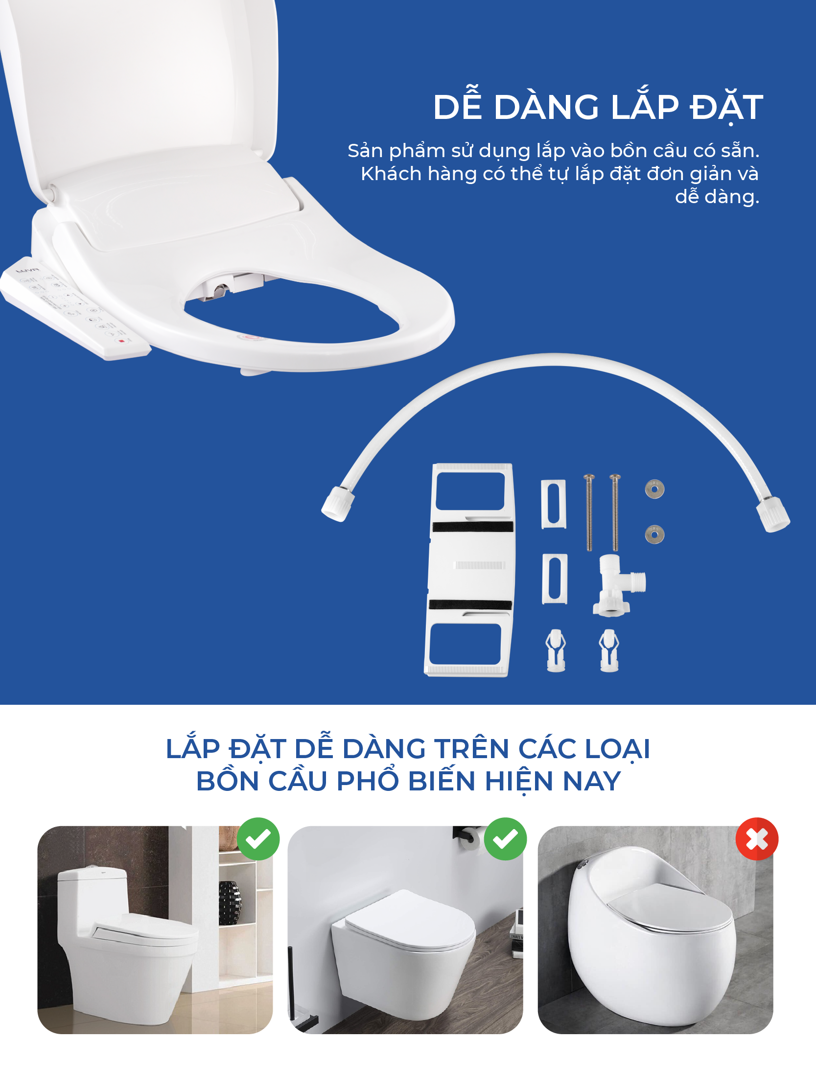 Nắp Bồn Cầu Điện Tử LUVA Bidet LB625 Điều Khiển Cảm Ứng Tiếng Việt, Đổi Lỗi 100 Ngày, Sấy Khô, Chống Nước IPX5, Sấy Vành Ngồi, Chế Độ Rửa Trẻ Em