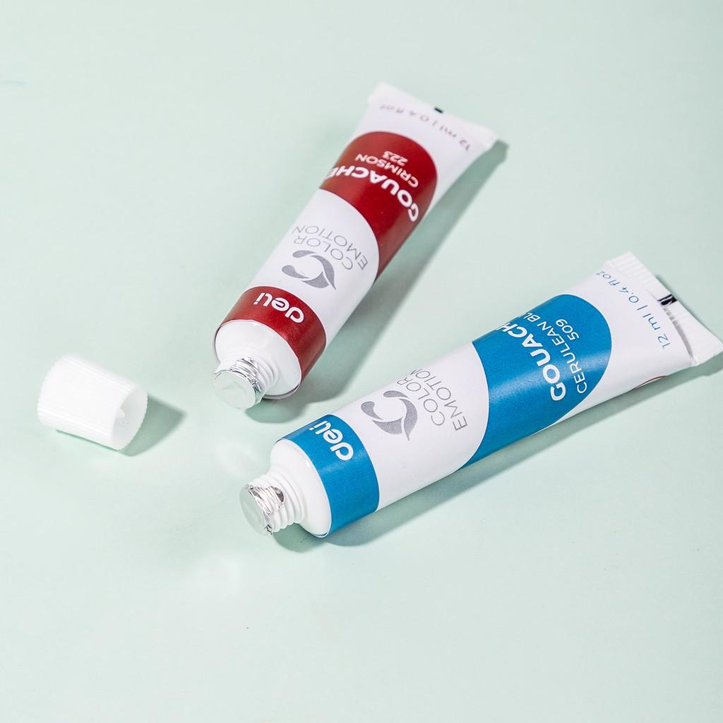 Màu nước Gouache dạng tuýp 12ml Deli 5/12/24 màu-Tặng kèm pallete gỗ 12 cọ