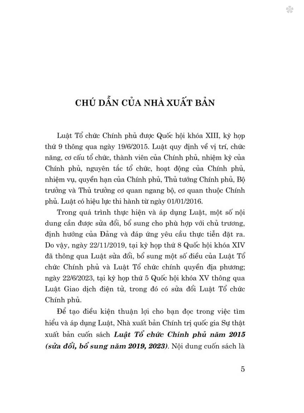 Luật tổ chức chính phủ năm 2015 (sửa đổi, bổ sung năm 2019, 2023) bản in 2024