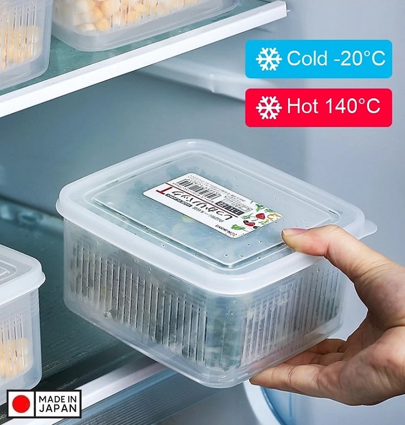 Set 02 hộp thực phẩm vuông có giá lót Nakaya 1100ml, giúp rau thịt không bị úng nước và tươi lâu hơn - nội địa Nhật Bản
