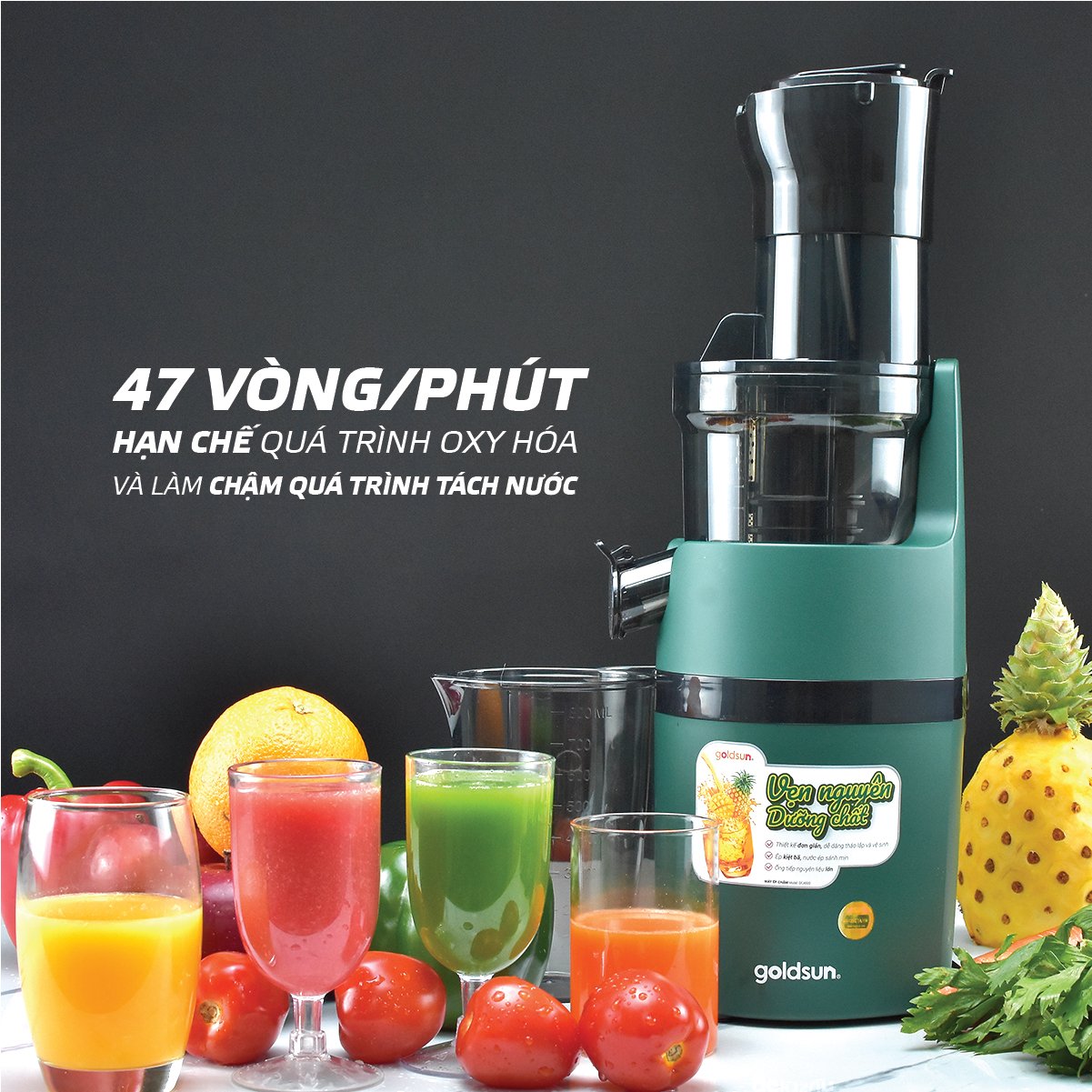 Máy Ép Chậm Trái Cây Goldsun GFJ4500 Nguyên Quả Kiệt Bã Lên Đến 98% Công Suất 200W - Hàng chính hãng