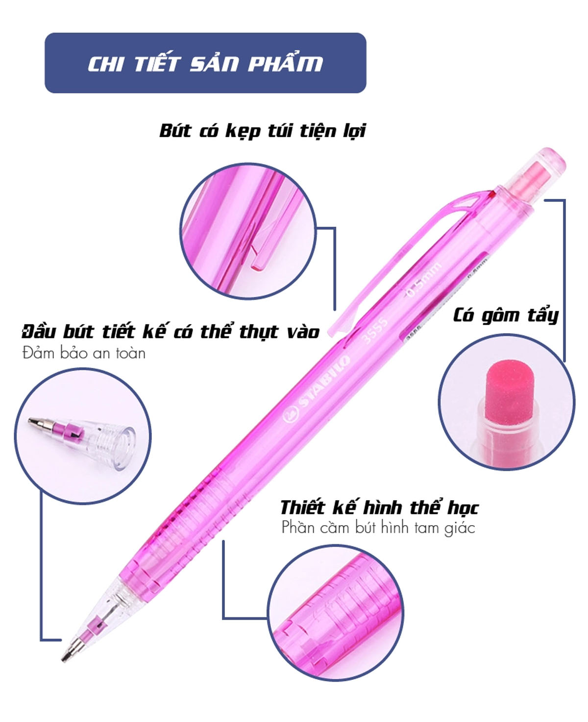 Bộ bút chì bấm STABILO - Bộ 1 bút nét 0.7mm + Tuýp 24 ruột 0.7 + Gôm tẩy (MP3557-CA)