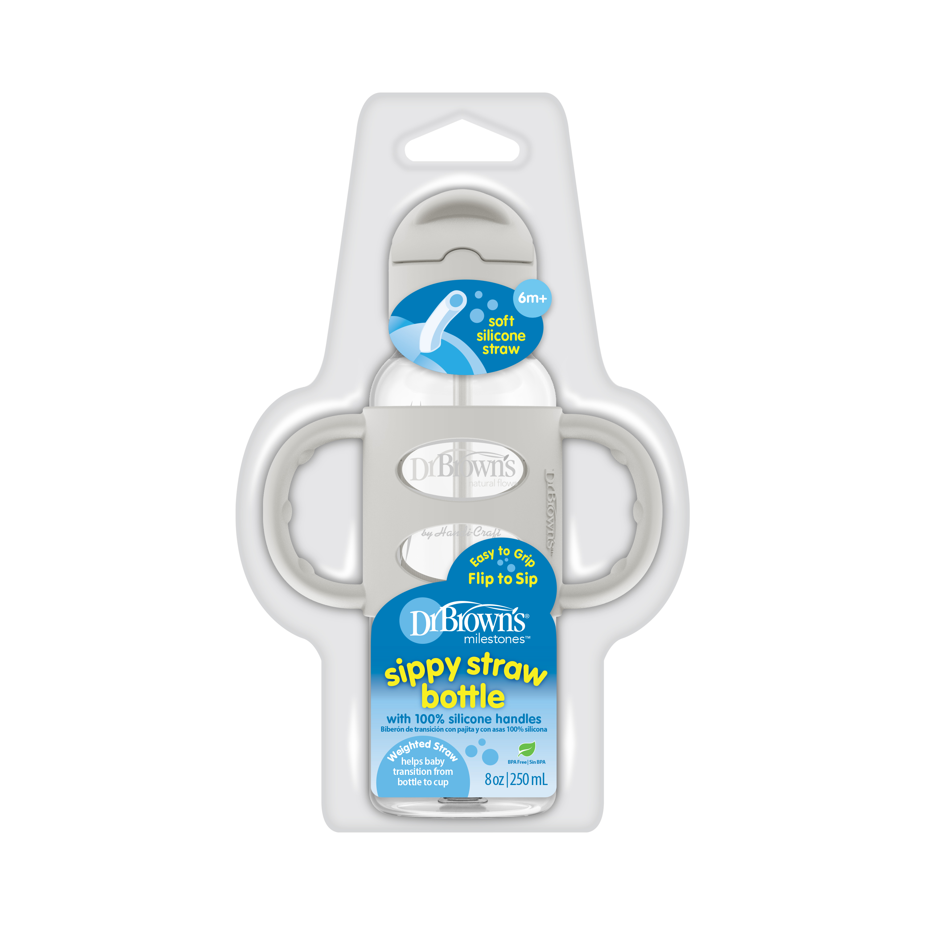 Bình sữa chuyển tiếp, có ống hút silicone và hai tay cầm, cổ thường, nhựa PP, 250ml