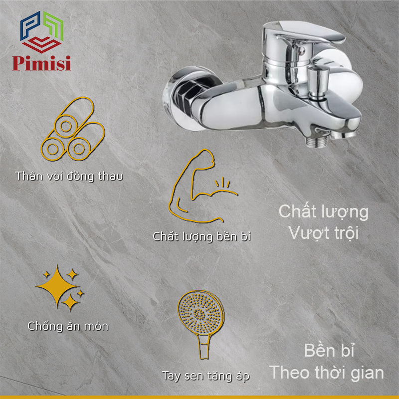 Sen Tắm Nóng Lạnh Pimisi PS-203C Đồng Thau Mạ Crom - Niken Sáng Bóng, Đủ Phụ Kiện Vòi Hoa Sen Tăng Áp Nhẹ - Dây Sen Tắm Inox - Chân Chữ Z - Cài Tay Bát Sen, Điều Chỉnh Nước Bằng Củ Gật Gù Gắn Tường Nhà Tắm | Hàng Chính Hãng