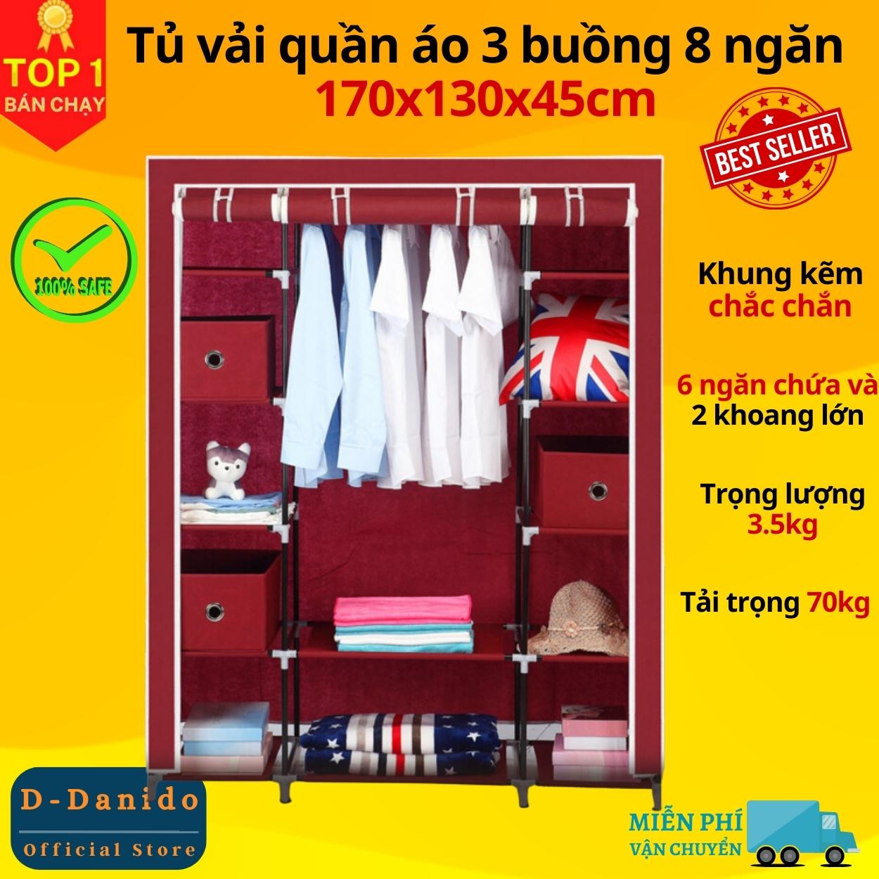 Tủ Vải Quần Áo 3 Buồng 8 Ngăn To, Bền - Hàng Chính Hãng