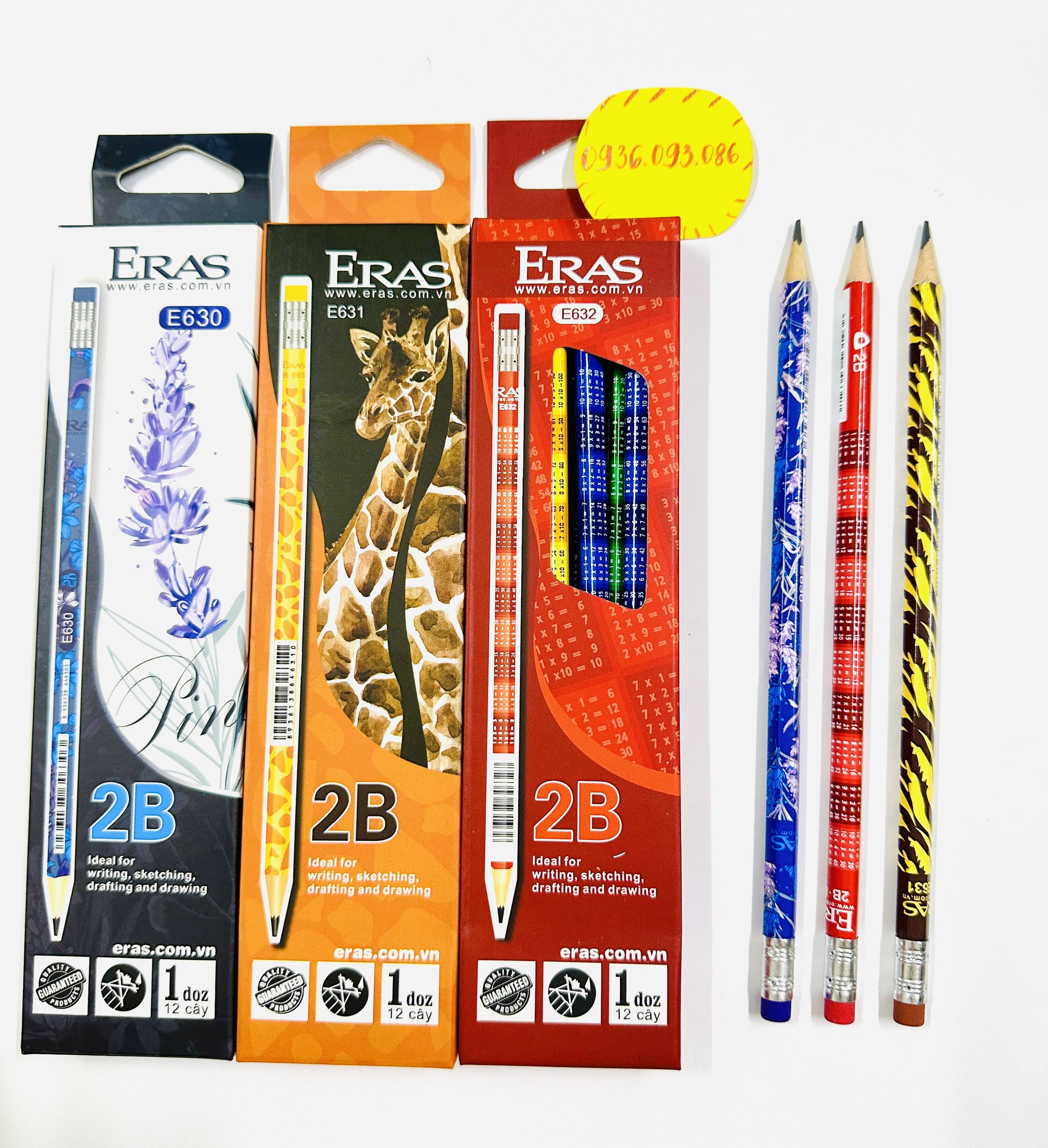Hộp 12 Cây Bút Chì Gỗ 2B Có Gôm Thân Bút Họa Tiết Hoa Lavender E630, Hưu Cao Cổ E631, Bảng Cửu Chương E63, Bút Chì Eras