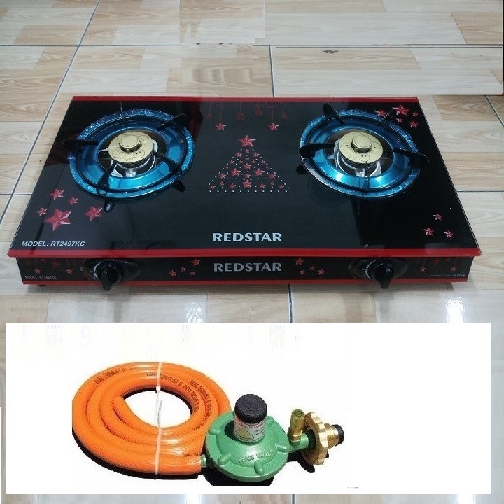 Bếp Gas Đôi Mặt Kính Chén Nhôm RedStar - Tặng bộ van dây tự đông -Màu Ngẫu nhiên Hàng Chính Hãng