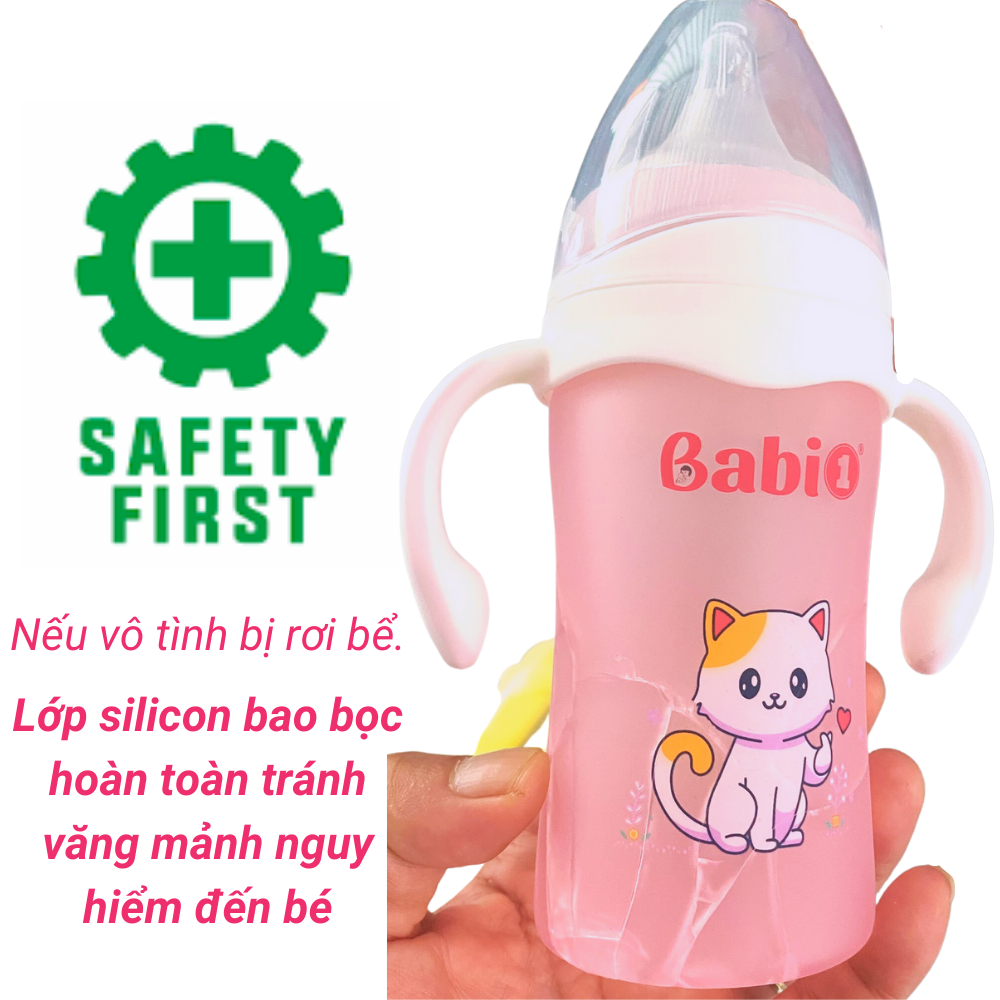 Bình Sữa Thuỷ Tinh Babi1 Cổ Rộng Tráng Bọc Silicon Chống Vỡ Và Cảm Biến Nhiệt Độ - Dung tích 240ml Cho trẻ từ 12 tháng tuổi