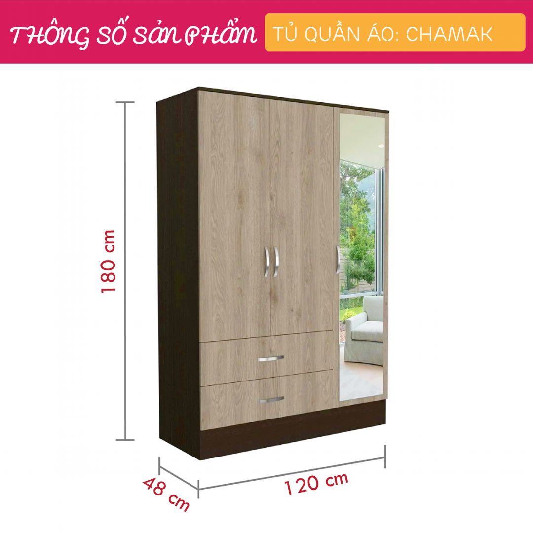 Tủ quần áo gỗ 3 cánh hiện đại SMLIFE Chamak