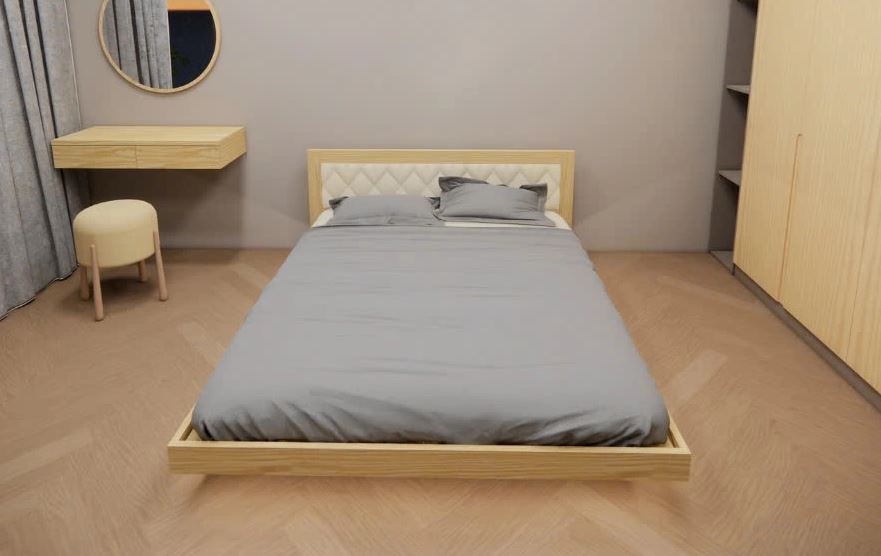 Giường ngủ bay gỗ KHM30 decor có tựa đầu bọc nệm Juno Sofa màu tự nhiên phủ bóng PU