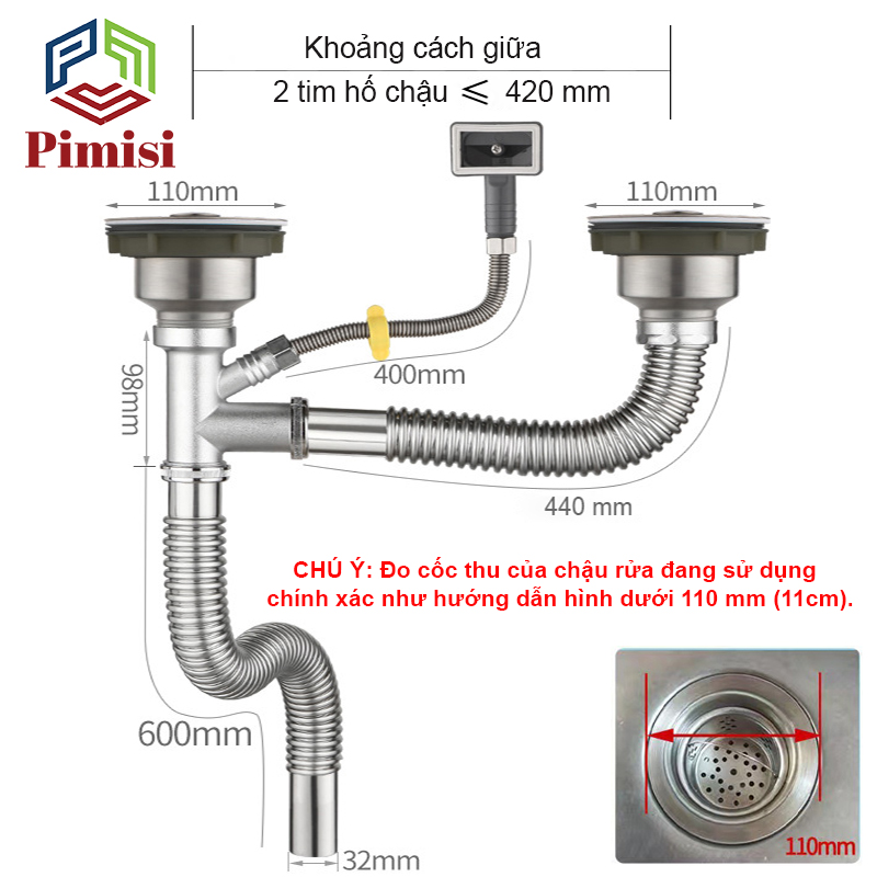 Xi Phông Chậu Rửa Bát Đôi Inox 304 Pimisi PXP-41-2 Cao Cấp Kiểu Chun Uốn - Kim Loại Bẻ Cong Được, Dùng Cả Nước Nóng Lạnh, Xả Thải Nước Bồn Rửa Chén 2 Hố Thu 11 cm - Thoát Nhanh, Chống Mùi Hôi Và Côn Trùng Gián, Chuột Cắn Phá - Có Thoát Tràn | Chính Hãng