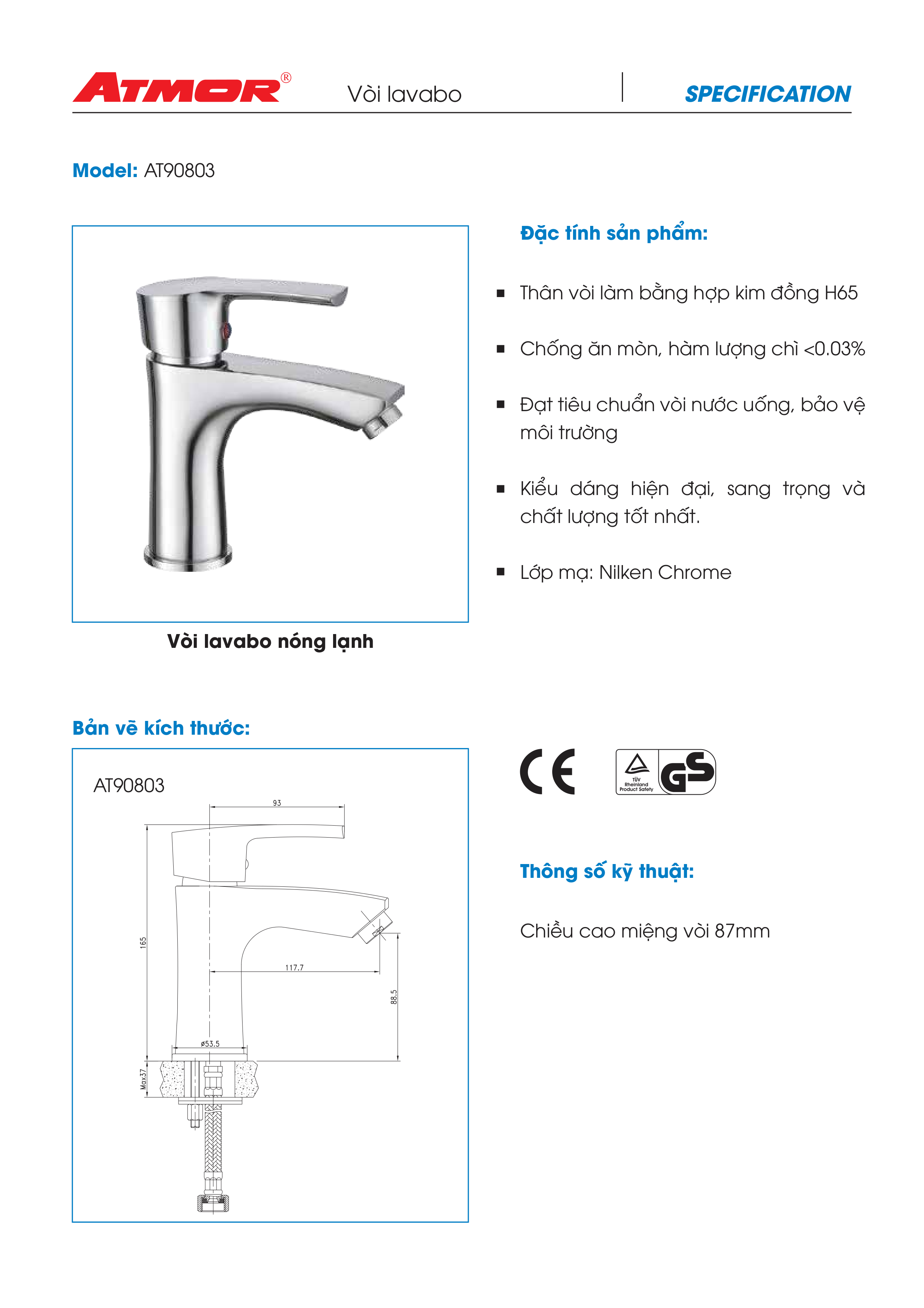 Vòi lavabo nóng lạnh ATMOR AT90803 (HÀNG CHÍNH HÃNG)