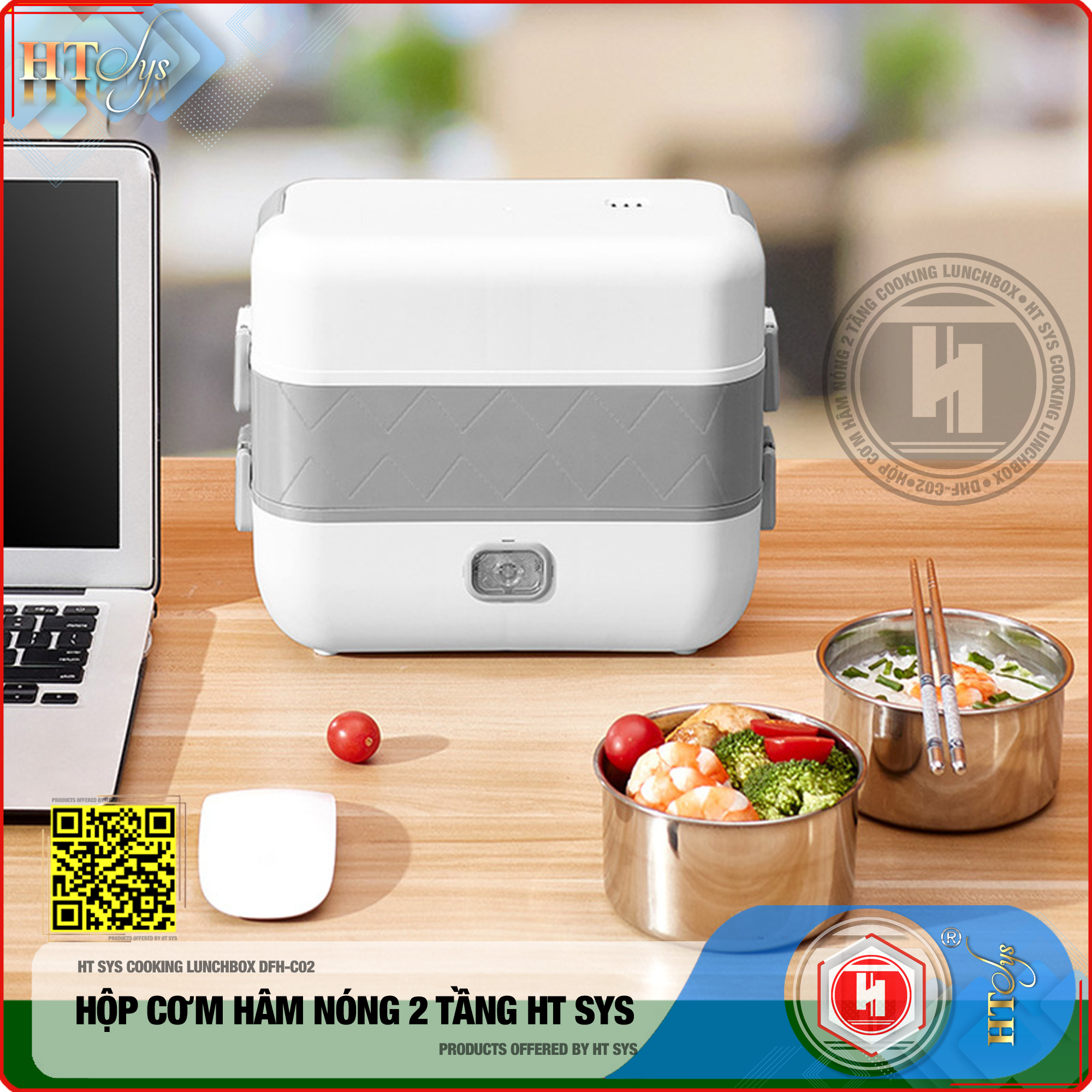 Hộp Cơm Hâm Nóng Cắm Điện HT SYS - COOKING LUNCHBOX DFH C02 - Hộp Cơm Cắm Điện Có Thể Nấu Chín Và Hâm Nóng Thức Ăn - 2 lít,4 Ngăn - Ruột Bằng Inox SUS304 Cao Cấp - Hàng Nhập Khẩu