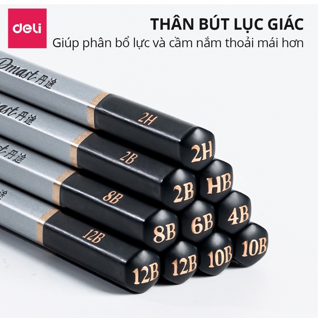 Bút Chì Phác Thảo Deli Phiên Bản Cao Cấp Dmast 2H, HB, 2B, 4B, 6B, 8B,10B,12B Vẽ Chuyên Nghiệp Chì Mềm Độ Đậm Chuẩn