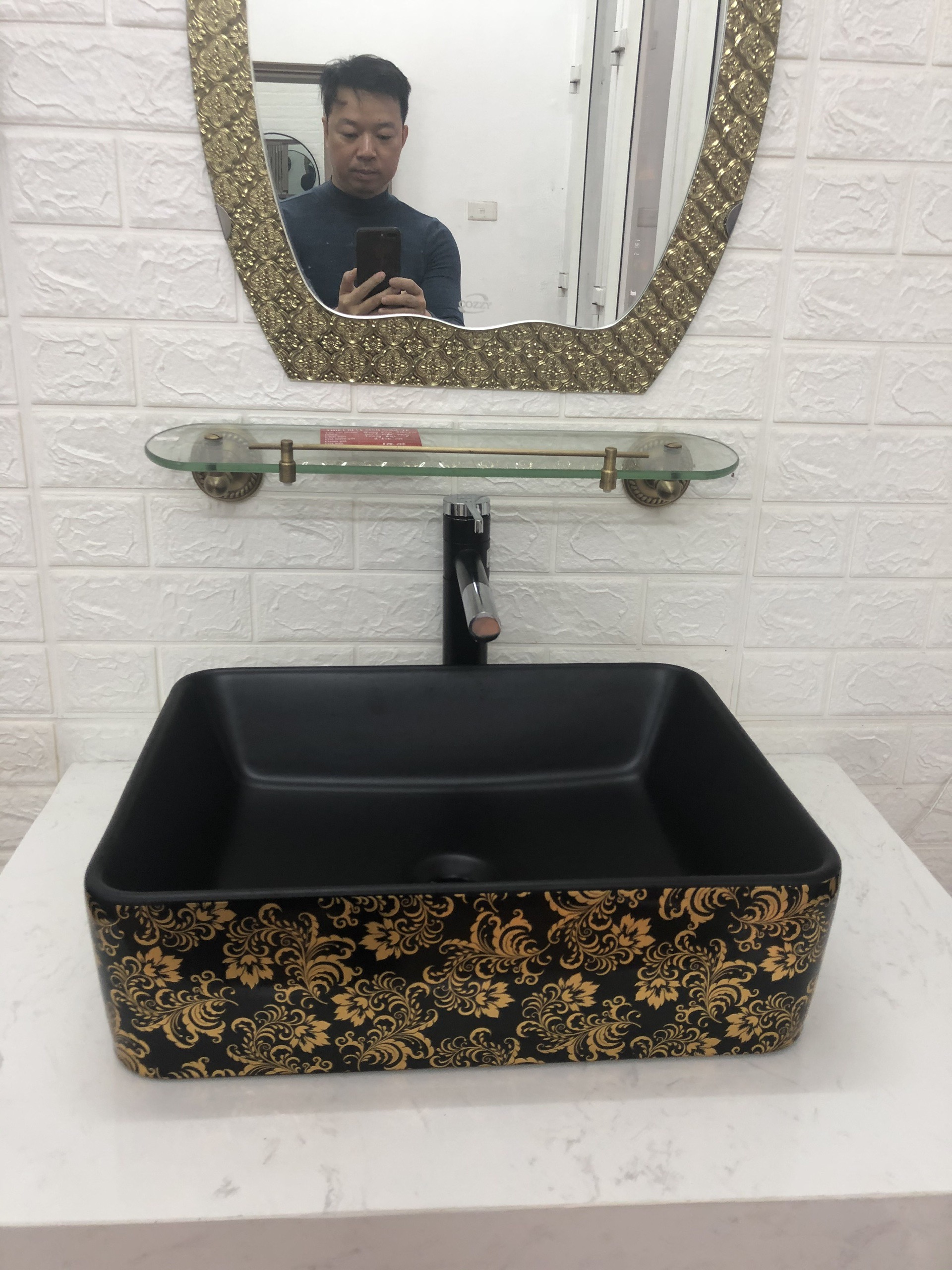 CHẬU LAVABO MEN ĐEN HOA VĂN VÀNG NHẬP KHẨU CAO CẤP CHÍNH HÃNG GRVL 8146B (CHẬU)